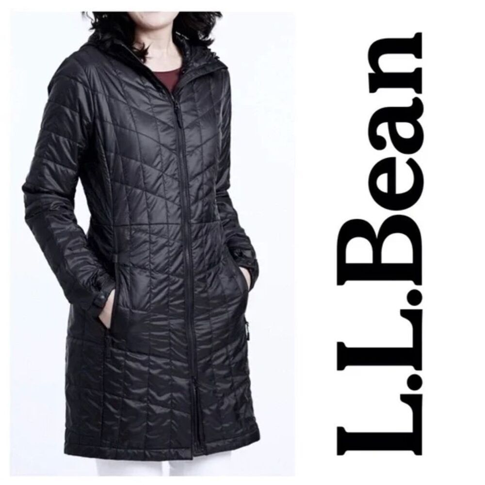 L.L Bean primaloft packaway long black puffer coat front zip up, pockets hooded